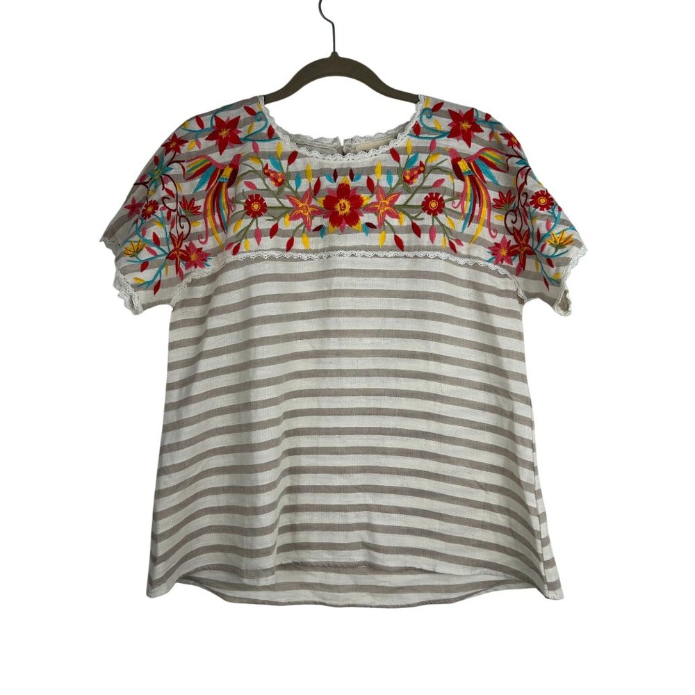 NWT  Savanna Jane Multicolor Embroidered Floral Blouse Short Sleeves Large